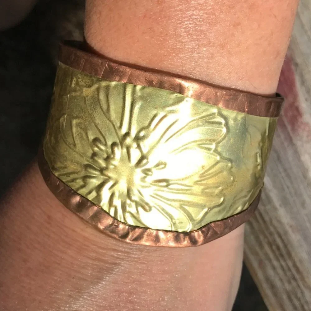 Rustic Brass Copper Cuff Bracelet Wide Floral Cowboy Gift Unisex Rustic Handmade